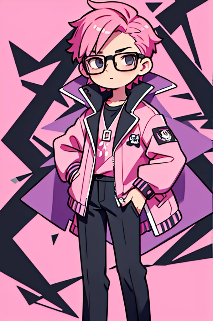 black pants, Sharp image, man, pink hair, wearing a pink jacket. , has a dull, bored face, wears round glasses, has short, neat hair,