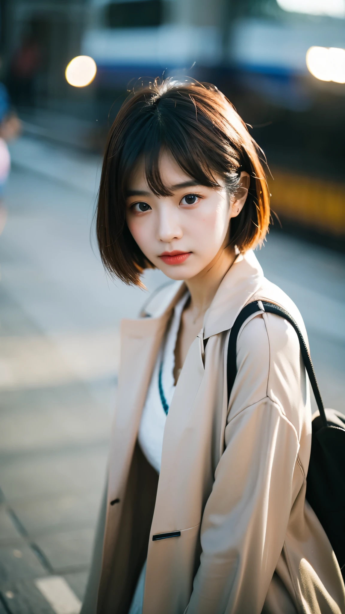 Cinematic Photo of a beautiful korean fashion model bokeh train