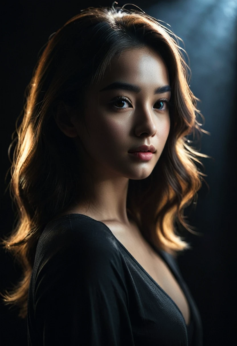 
Single beautiful girl，Deep dark background，Cinematic light， Low-key