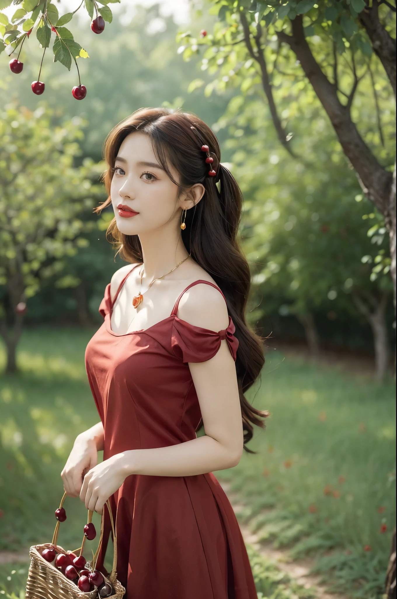 (((best quality))),(((ultra detailed))),(((masterpiece))),illustration,1 beautiful girl,solo,earrings,necklace,medium straight hair,slim,flat chest,red dress,summer,(cherry orchard full of red cherries:1.3),sunlight,dappled light,fair skin,smile,(ripest cherries on the trees:1.3),red lips,peaceful,summer breeze,hair fluttering,setting sun,radiant hue,beauty grace,basket,upper body,pantyhose,arms behind back,from front