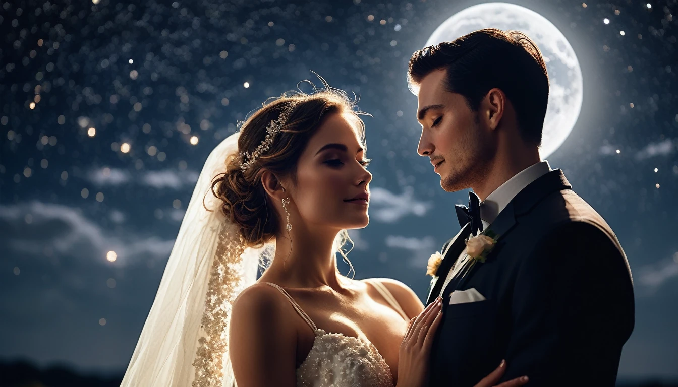 a romantic couple on a starry night under a full moon, bride in a wedding dress, groom in tuxedo, romantic, detailed, cinematic, realistic, moonlight, stars, dramatic lighting, (best quality,4k,8k,highres,masterpiece:1.2),ultra-detailed,(realistic,photorealistic,photo-realistic:1.37),dramatic, cinematic composition, beautiful night sky, glowing moon, sparkling stars, elegant wedding attire, loving embrace, soft focus, warm color palette, dramatic chiaroscuro lighting
