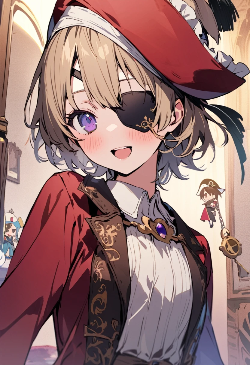 masterpiece, Highest quality, Illustration of the novel, High resolution, 18+ Adult content, Sensual, Intimate, Emotional, Passionate, romantic, sweet, Adorable, Innocent, Pure, Charmな, Charmな, Charm, mysterious, Charmな, Charmな, Immersive, Charmな, dream-like, Surreal, Imaginative, Whimsical, Artistic, Avant-garde, timeless, elegant, Sophisticated, chic, Sophisticated, personality, original, Charmな,(( Pirate:1.3)),((Eye patch:1.3))、((Upper Body:1.3))