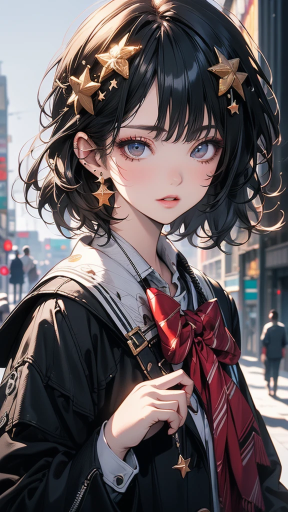 (Highly detailed CG Unity 8k wallpaper),(masterpiece), (Highest quality), (Super detailed), (Best illustrations),(Best Shadow), Cowboy Shot, (Sharp eyeliner, eye shadow, Fine grain:1), Urban Background, ,break , (Star 15 School:1.2), hair ornaments, 