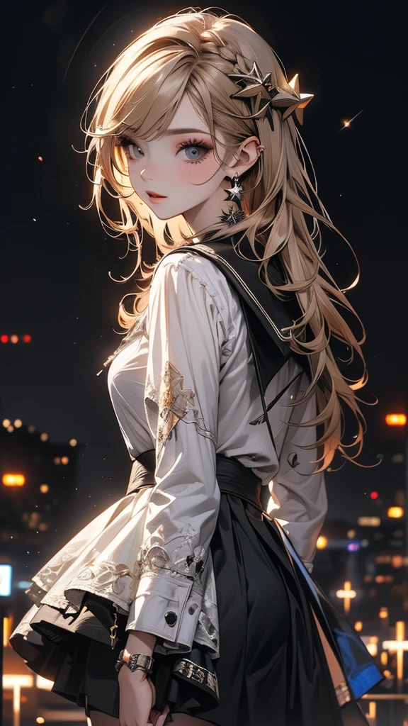 (Highly detailed CG Unity 8k wallpaper),(masterpiece), (Highest quality), (Super detailed), (Best illustrations),(Best Shadow), Cowboy Shot, (Sharp eyeliner, eye shadow, Fine grain:1), Urban Background, ,break , (Star 15 School:1.2), hair ornaments,