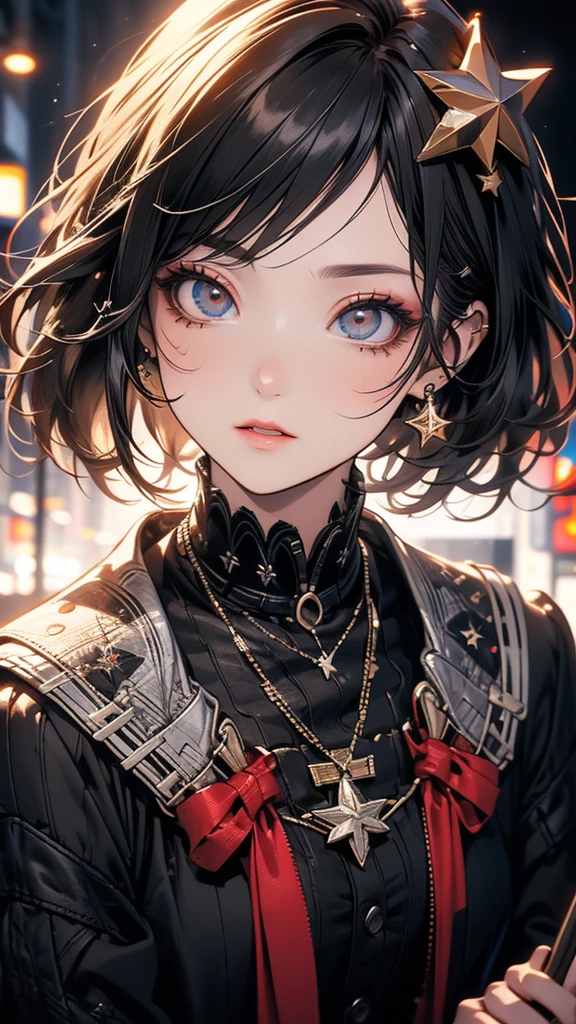 (Highly detailed CG Unity 8k wallpaper),(masterpiece), (Highest quality), (Super detailed), (Best illustrations),(Best Shadow), Cowboy Shot, (Sharp eyeliner, eye shadow, Fine grain:1), Urban Background, ,break , (Star 15 School:1.2), hair ornaments,