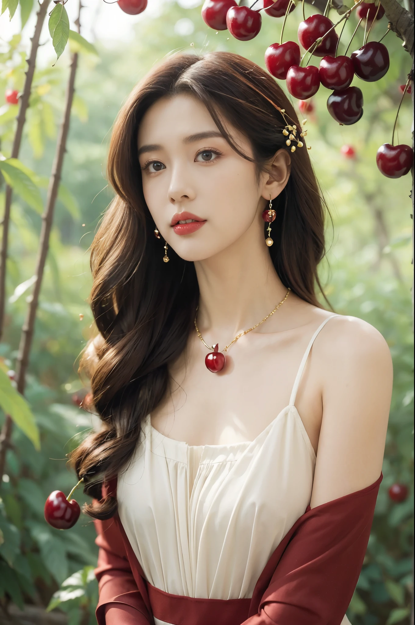 (((best quality))),(((ultra detailed))),(((masterpiece))),illustration,1 beautiful girl,solo,earrings,necklace,medium straight hair,slim,flat chest,red dress,summer,(cherry orchard full of red cherries:1.3),sunlight,dappled light,fair skin,smile,(ripest cherries on the trees:1.3),red lips,peaceful,summer breeze,hair fluttering,setting sun,radiant hue,beauty grace,basket,upper body,pantyhose,arms behind back,from front