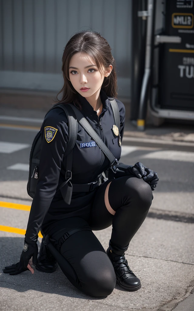 Best image quality, Excellent details, Ultra-high resolution, (realism: 1.4), ((close:0.75, from the front)), Realistic, A very condensed woman, whole body, Sit on the floor with one knee raised, Combat pose, (Detailed face), Looking into the camera, (Nylon rash guards worn as police uniforms, gloves, Black and grey mech, Military Harness, Has a machine gun, Carrying a high-tech backpack), Background gray, Fingers are blocked