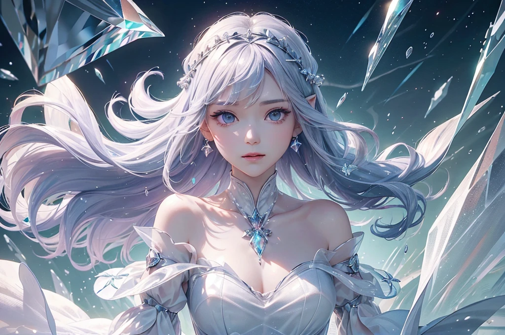 (masterpiece、Highest品質、Highest、Official Art、Beautiful and aesthetic、Long Exposure:1.2)、Smooth movement、Attractive patterns、One Girl、(Long dress with sleeves:1.3)、(((White clothes)))、Upper body close-up、Exposing shoulders、Korean Girls、smile、Light purple long hair、Portraiture、solo、Upper body、Looking at the observer、Detailed Background、Detailed face、(Crystallized AI、Crystal Theme:1.1)、Elemental Wind Elf、回転Wind、 Wind、White crystal clothes、Off the shoulder、Dynamic pose、Suspended particles、Aether Dynamics、旋Wind、vapor、背景に旋Wind、White Tone、旋Wind、Ethereal atmosphere、medium breasts