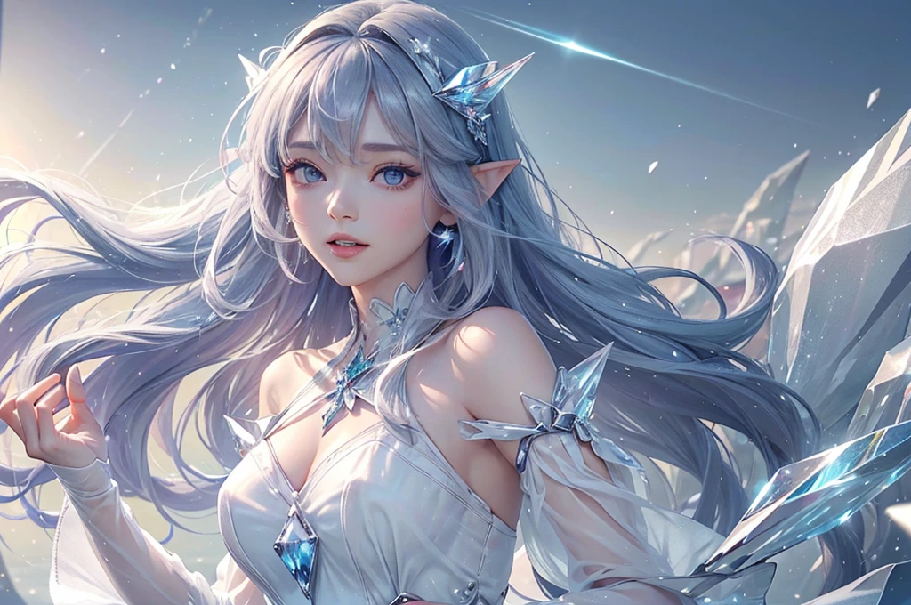 (masterpiece、Highest品質、Highest、Official Art、Beautiful and aesthetic、Long Exposure:1.2)、Smooth movement、Attractive patterns、One Girl、(Long dress with sleeves:1.3)、(((White clothes)))、Upper body close-up、Exposing shoulders、Korean Girls、smile、Light purple long hair、Portraiture、solo、Upper body、Looking at the observer、Detailed Background、Detailed face、(Crystallized AI、Crystal Theme:1.1)、Elemental Wind Elf、回転Wind、 Wind、White crystal clothes、Off the shoulder、Dynamic pose、Suspended particles、Aether Dynamics、旋Wind、vapor、背景に旋Wind、White Tone、旋Wind、Ethereal atmosphere、medium breasts