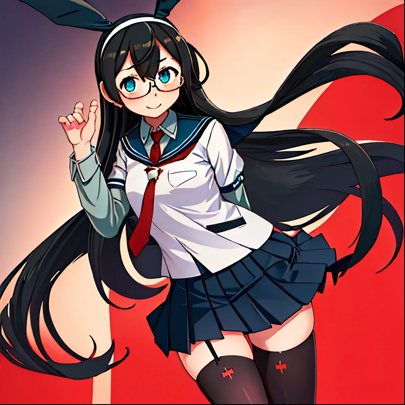 best quality, masterpiece, highres, solo, {ooyodo_kantaicollection:1.15}, black_hair, long_hair, glasses, hairband, semi-rimless_eyewear, under-rim_eyewear, blue_eyes, green_eyes, blush,small_breasts, 1girl, school_uniform, serafuku, pleats_skirt, looking_at_viewer, necktie, harbor_school_background, red_necktie,angry,smile,Proudly,thigh-highs,dynamic_posing