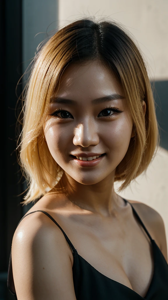RAW photo, face portrait photo of beautiful 24 y.o korean woman, cute face, wearing black dress, happy face, blonde hair,hard shadows, cinematic shot, dramatic lighting