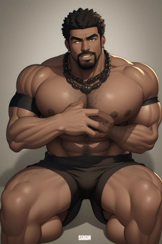 Big Muscular Black guy. Arm and Body tattoos. Black shorts. Black Skin, Shirtless
