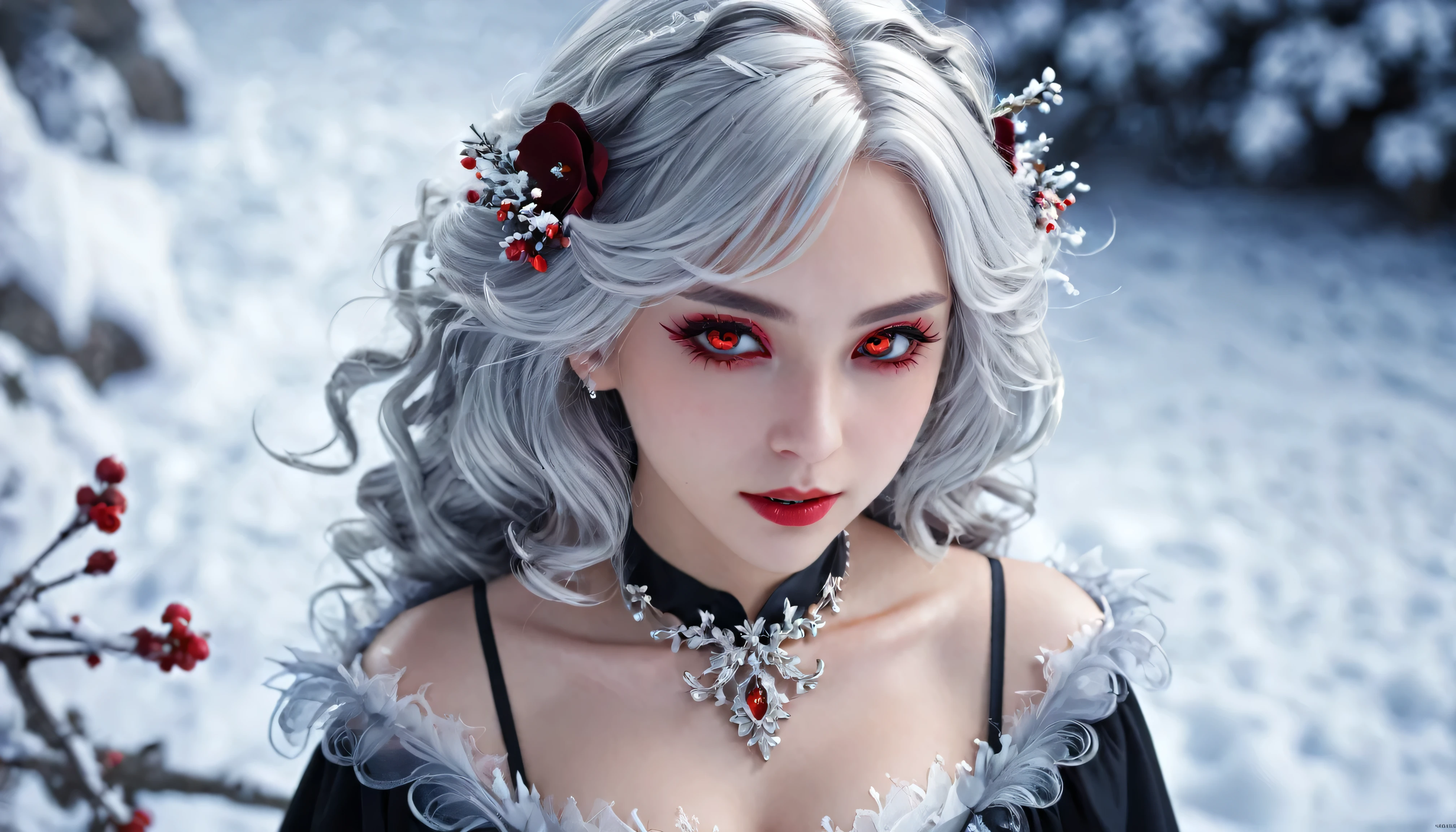 {{masterpiece}},Highest quality,Very detailed,Very detailed CG Unity 8k wallpaper,An illustration, One girl, Red eyes, Wavy silver hair, Pointed Ears, vampire, dress, necklace, Hair Flowers, snow, ice, whole body, shot,High Close-up, Very detailed,Center Frame,Sharp focus, View your viewers, Floating Hair,