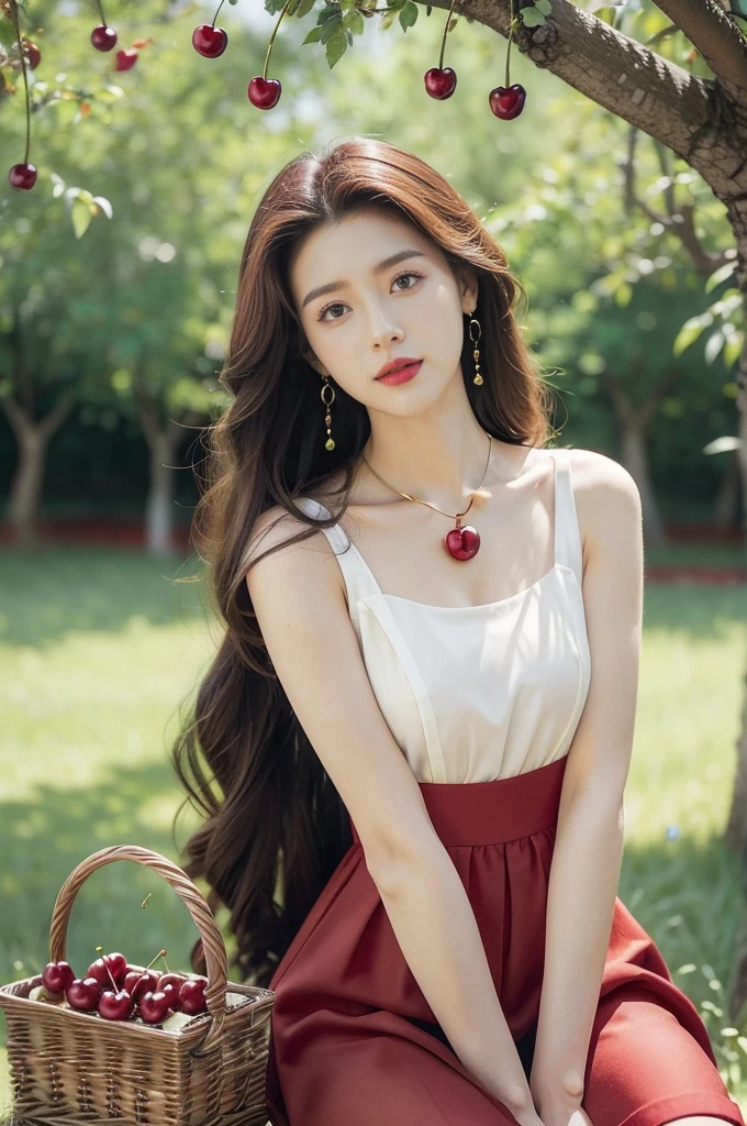 (((best quality))),(((ultra detailed))),(((masterpiece))),illustration,1 beautiful girl,solo,earrings,necklace,medium straight hair,slim,flat chest,red dress,summer,(cherry orchard full of red cherries:1.3),sunlight,dappled light,fair skin,smile,(ripest cherries on the trees:1.3),red lips,peaceful,summer breeze,hair fluttering,setting sun,radiant hue,beauty grace,basket,upper body,pantyhose,slender legs,arms behind back,from front
