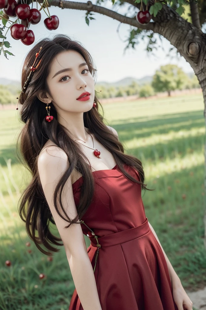 (((best quality))),(((ultra detailed))),(((masterpiece))),illustration,1 beautiful girl,solo,earrings,necklace,medium straight hair,slim,flat chest,red dress,summer,(cherry orchard full of red cherries:1.3),sunlight,dappled light,fair skin,smile,(ripest cherries on the trees:1.3),red lips,peaceful,summer breeze,hair fluttering,setting sun,radiant hue,beauty grace,basket,upper body,pantyhose,slender legs,arms behind back,from front