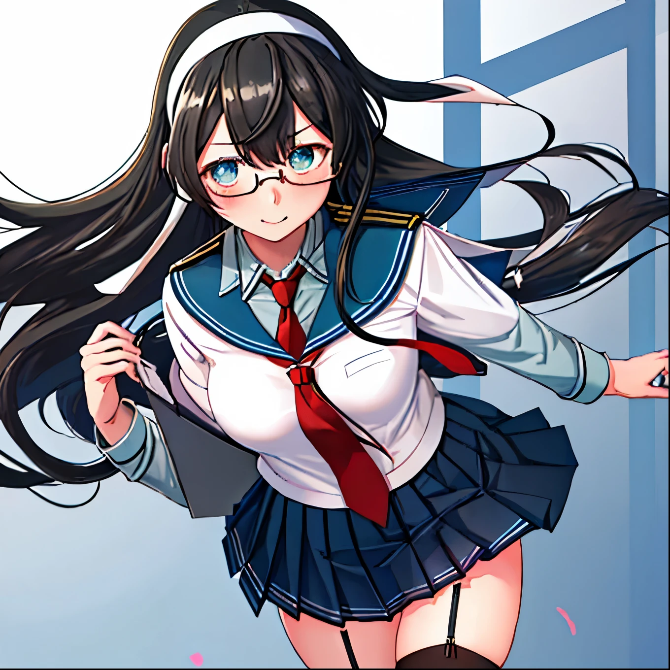 best quality, masterpiece, highres, solo, {ooyodo_kantaicollection:1.15}, black_hair, long_hair, glasses, hairband, semi-rimless_eyewear, under-rim_eyewear, blue_eyes, green_eyes, blush,small_breasts, 1girl, school_uniform, serafuku, pleats_skirt, looking_at_viewer, necktie, harbor_school_background, red_necktie,angry,smile,Proudly,thigh-highs,dynamic_posing