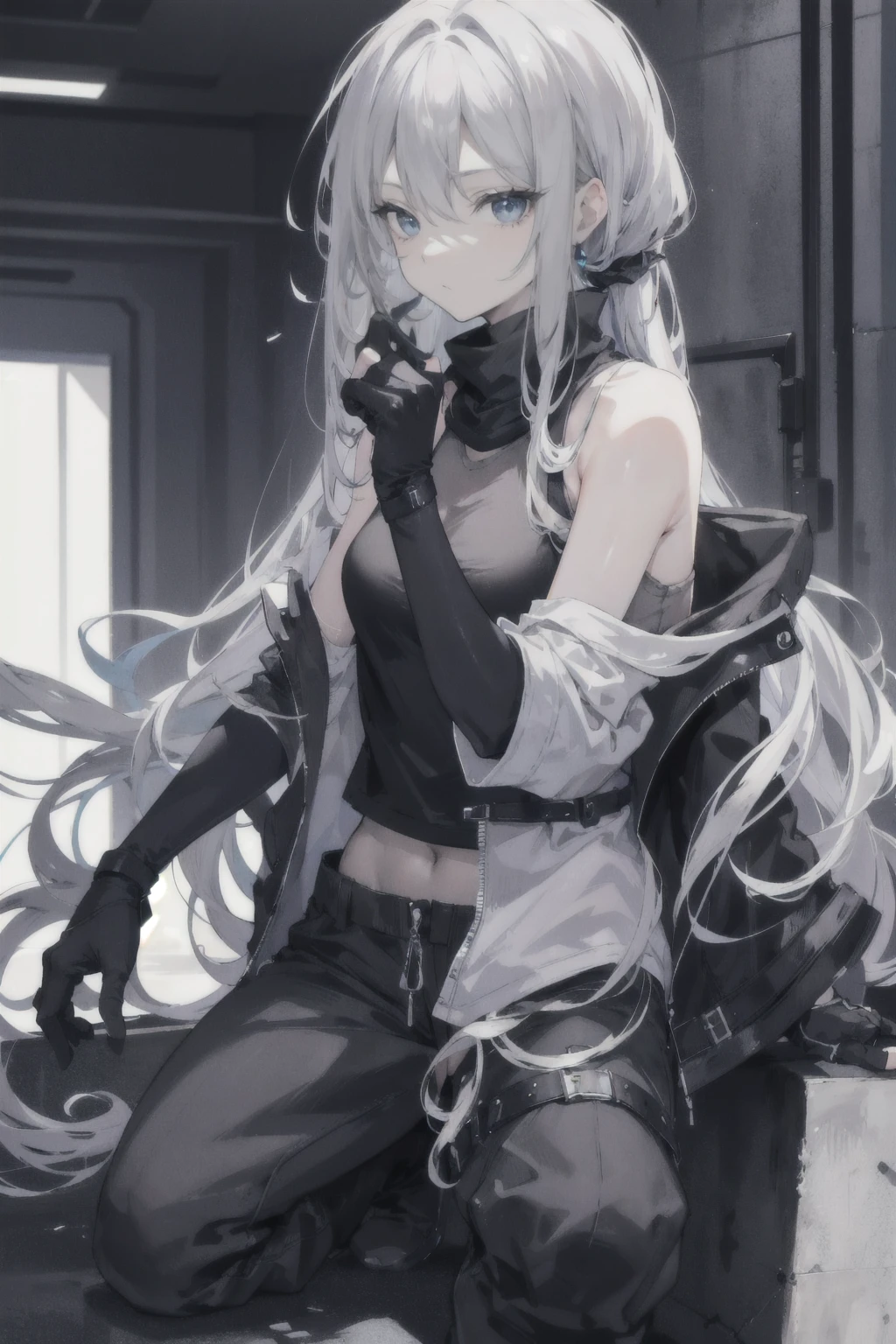 masterpiece, best quality, 1 woman, alone, Silver long hair, gray baggy pants, black tank top, Black boots, black fingerless gloves, blue eyes,