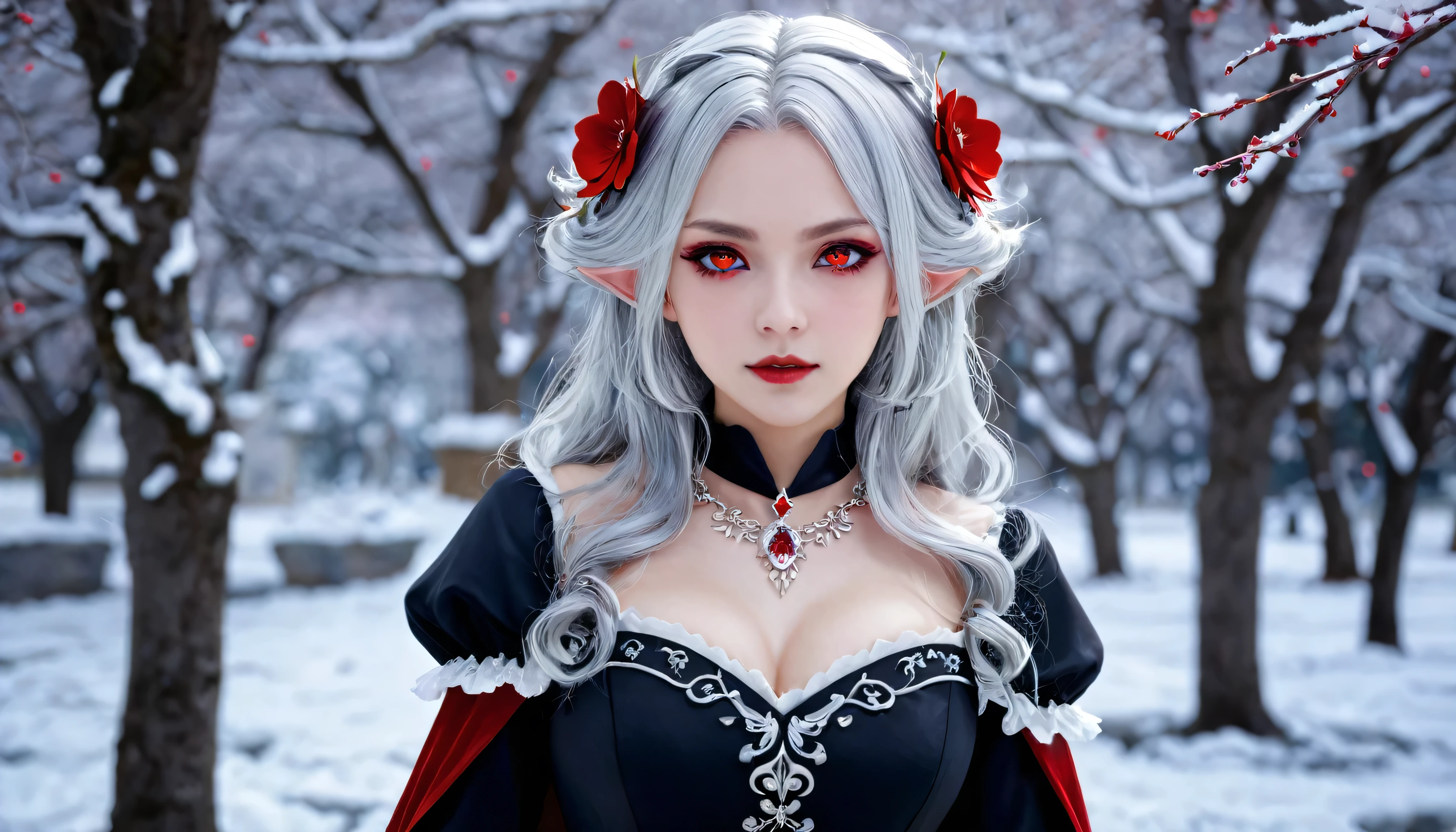 {{masterpiece}},Highest quality,Very detailed,Very detailed CG Unity 8k wallpaper,An illustration, One girl, Red eyes, Wavy silver hair, Pointed Ears, vampire, dress, necklace, Hair Flowers, snow, ice, whole body, shot,High Close-up, Very detailed,Center Frame,Sharp focus, View your viewers, Floating Hair,