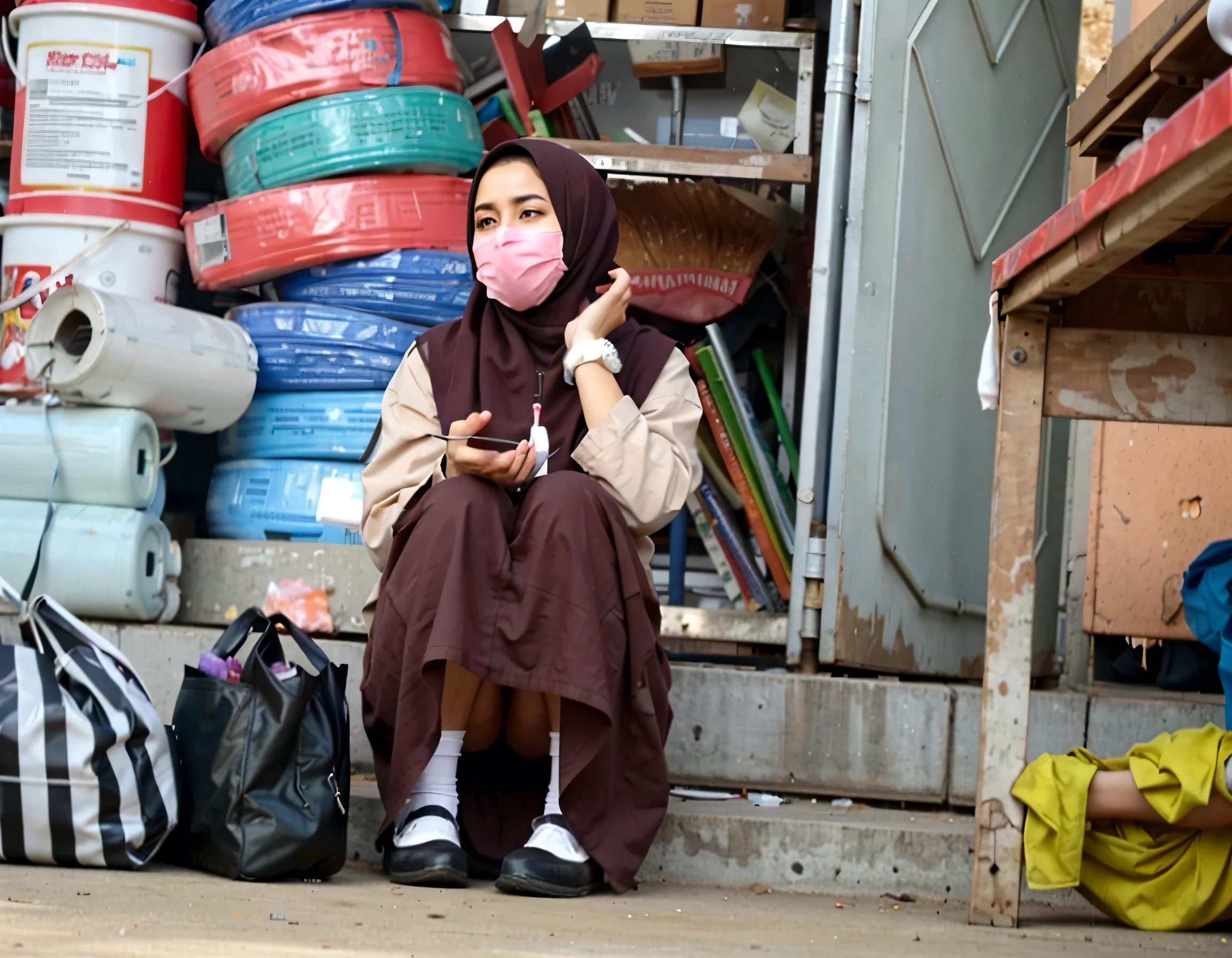 araffe sitting on the ground with a bubble in her mouth, wearing facemask, begging for alms, hijab, candid picture, wearing mask, taking a smoke break, a picture, sitting on the ground, potrait, with a sad expression, having a snack, in city street, street photo, in profile, surgical mask covering mouth, morning time