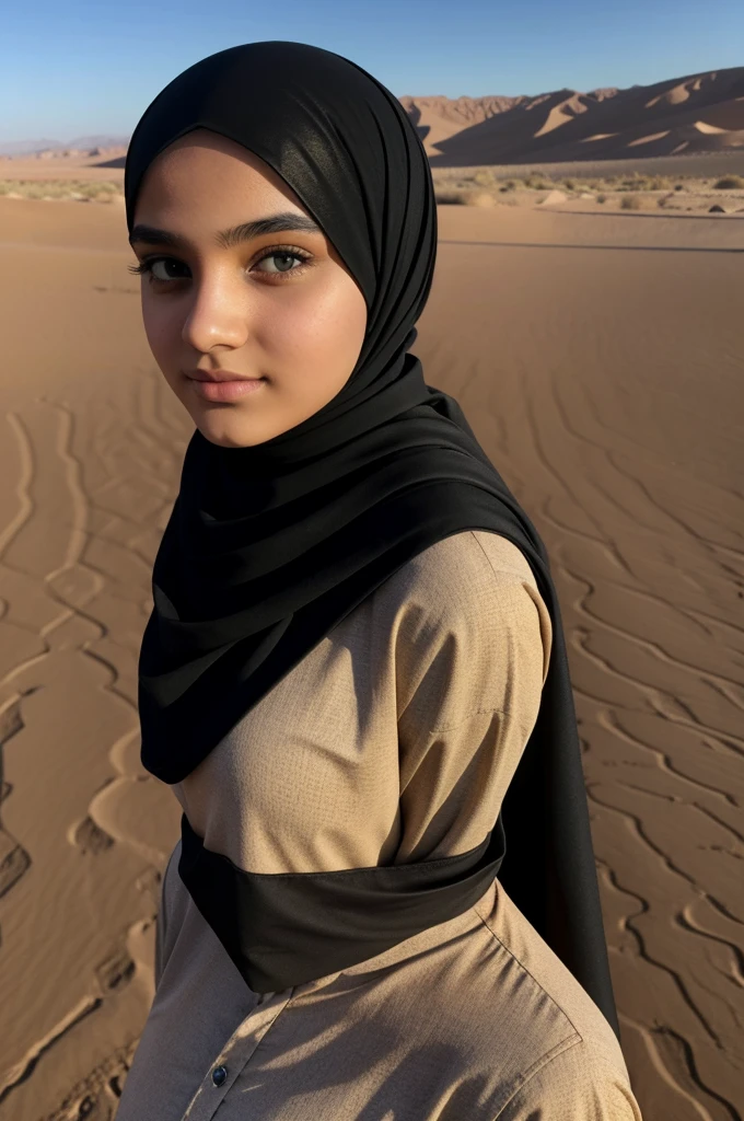 A beautiful teen in black hijab looking towards the camera in desert
