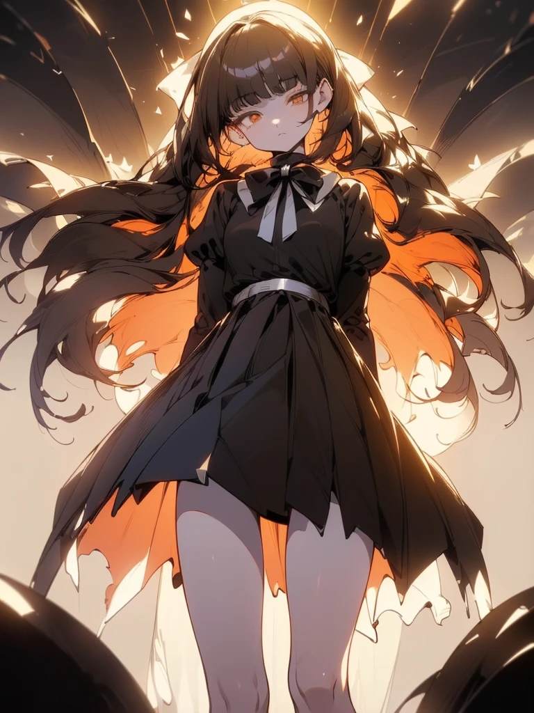 ((((High contrast))) 1man serious, standing, (((segmented body)), [mechanical body], (segmented waist), (doll waist), (black hair, dark black hair over eye:1), long hair cut, pale skin, ((brown eyes)), ((glowing_eyes)), (((ultra detailed eyes:0.7, beautiful and detailed face, detailed eyes:0.9))), ((centered)), (wide shot), facing viewer, (((outdoors, darkness, falling leaves:0.9))), medium build, looking at viewer, ((half closed eyes)), ((perfect hands)), (((head:1, arms, hips in view, elbows, thighs, in view))), ((hands at sides)), determined eyes, beautiful lighting, outside, outdoors, background, ((defined subject)), 25 years old, (head tilt), (((cool))), ((lively)), (((high contrast)))