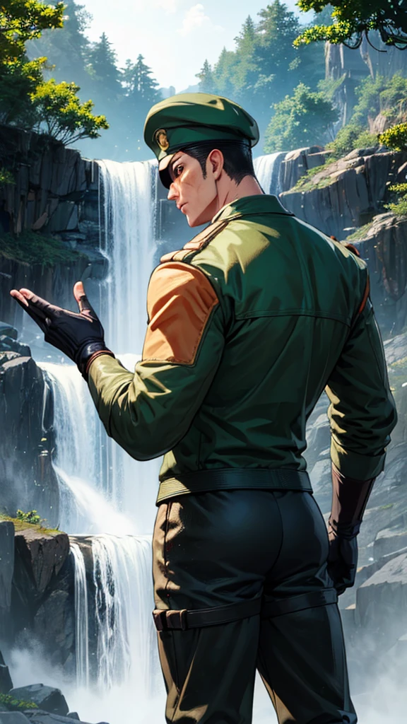 heidern,1guy,eye patch,beret,at the waterfall,green uniform,hands behind back,black shirt,standing,cowboy shot,long sleeves,gloves,masterpiece,highres,sharp focus,cinematic lighting,detailed face,detailed eye,