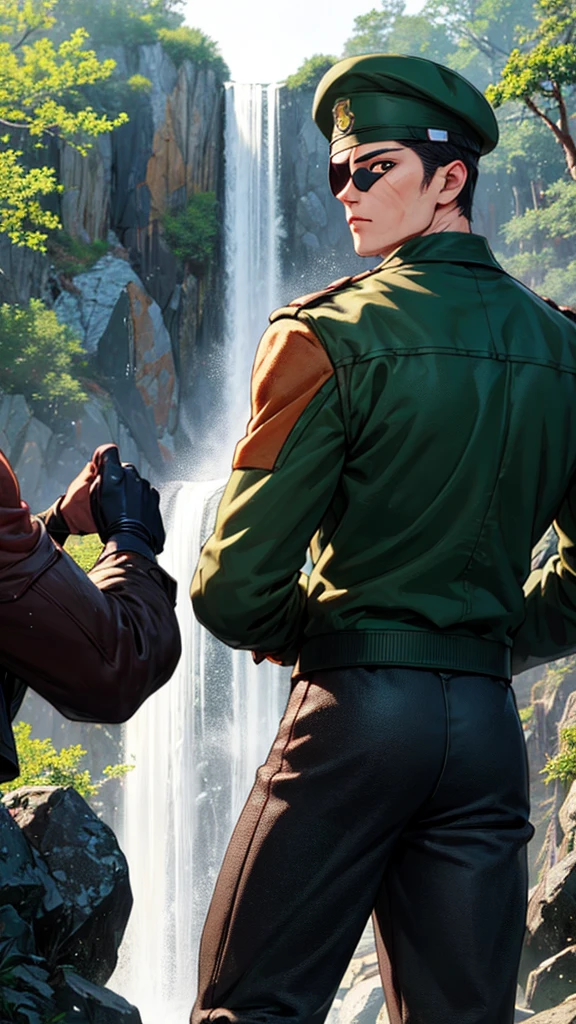 heidern,1guy,eye patch,beret,at the waterfall,green uniform,hands behind back,black shirt,standing,cowboy shot,long sleeves,gloves,masterpiece,highres,sharp focus,cinematic lighting,detailed face,detailed eye,