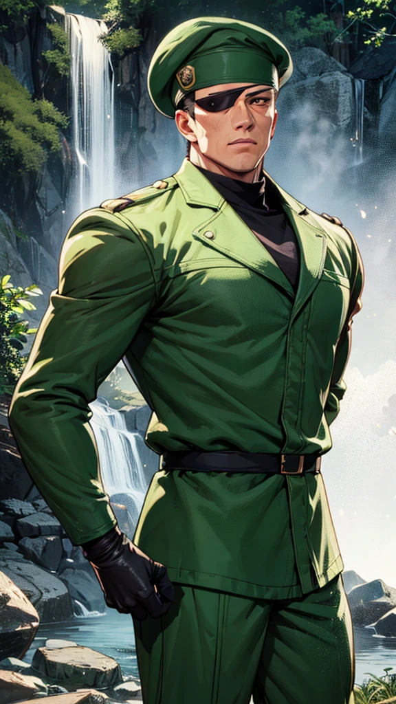 heidern,1guy,eye patch,beret,at the waterfall,green uniform,hands behind back,black shirt,standing,cowboy shot,long sleeves,gloves,masterpiece,highres,sharp focus,cinematic lighting,detailed face,detailed eye,