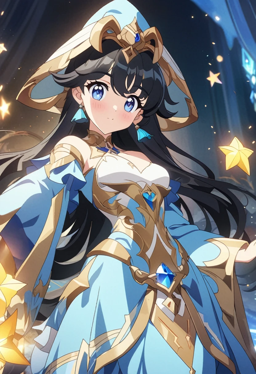 anime girl with long black hair and blue dress holding a star, black - haired mage, beautiful celestial mage, extremely detailed artgerm, ayaka genshin impact, a beautiful sorceress, anime moe artstyle, cute anime waifu in a nice dress, beautiful wizard, beautiful fantasy anime, anime fantasy illustration, anime goddess, beautiful sorceress