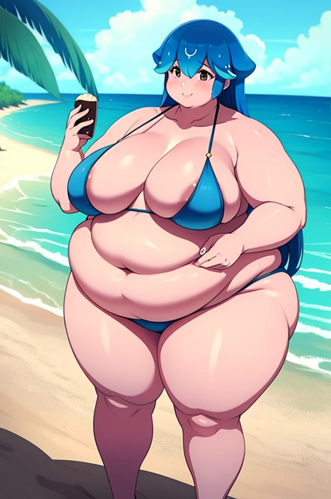 1woman, Bao, obese, big fat, soft, curvy, wide hips, large breasts, big belly, on the beach, beautiful swimsuit. blue hair.
