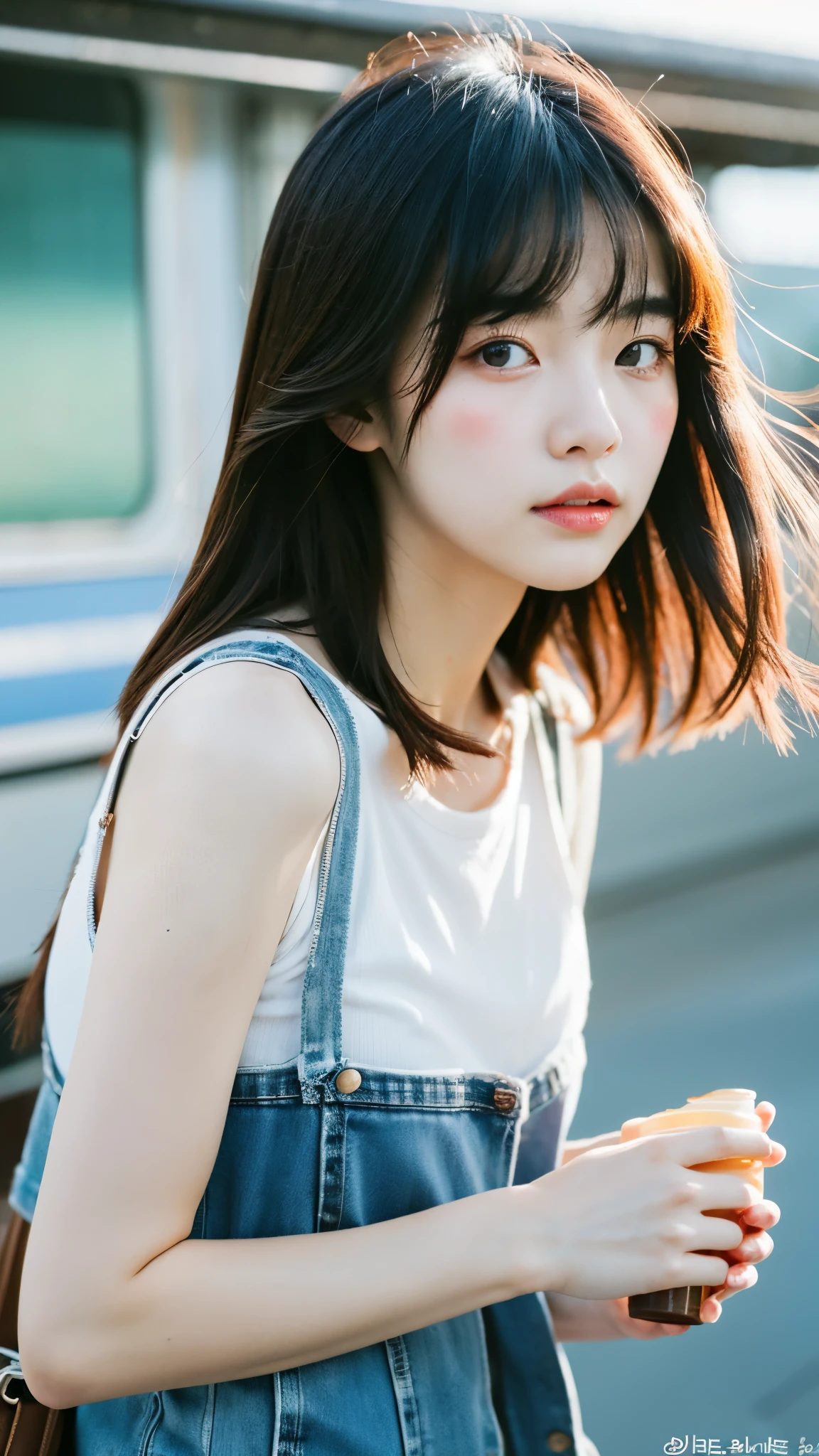 Cinematic Photo of a beautiful korean fashion model bokeh train
