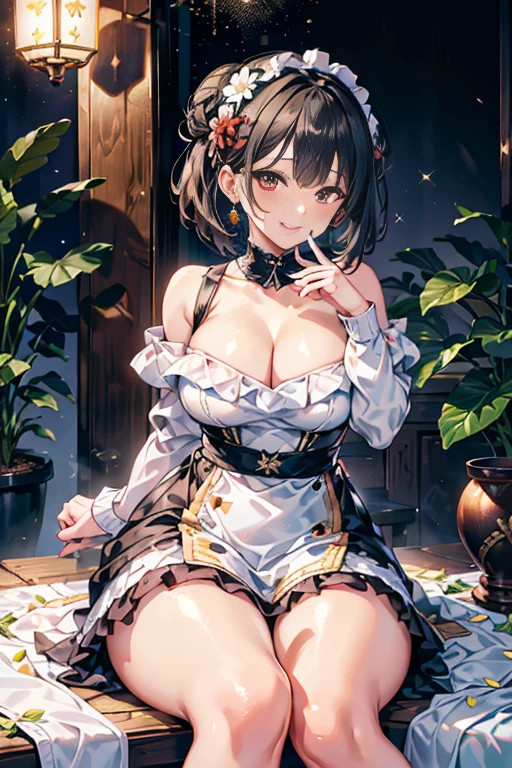 (((Masterpiece))),(((Super Detail))),(((in 8K))),(((best composition))),(((Rim lighting,Fireglow effect,deep shadow))),solo),Beautiful fingers,Detailed finger features,(Detailed hair features:1.7),(Dynamic and bending pose:1.3),detailed facitures,detailed clothes features, (perky chest:1.1), (pointed chest:1.3), delicate beautiful face, Bright blue eyes, cute eyes, sparkling eyes, Big eyes, beautiful detailed eyes,double bun with glittering hair ornament:0.6,(super detailed glossy skin:1.3),slender body,goddess smile,((with sparkling eyes and a contagious smile)),beautiful posture,have a cup of coffee,black hair, red eyes, dress, bare shoulders, jewelry, collarbone, sidelocks, hairband, earrings, indoors, off shoulder, sweater, arms behind back, plant, short hair with long locks, white hairband, off-shoulder dress, sweater dress, off-shoulder sweater, red sweater, big side hair, very long side hair,(super delicate floral pattern:1.2),seductive cleavage:1.3,beautiful glossy legs,shiny red high heels,lifting dishes with cakesd,french restaurant,hustle and bustle,rising steam,(((depth of fields)))