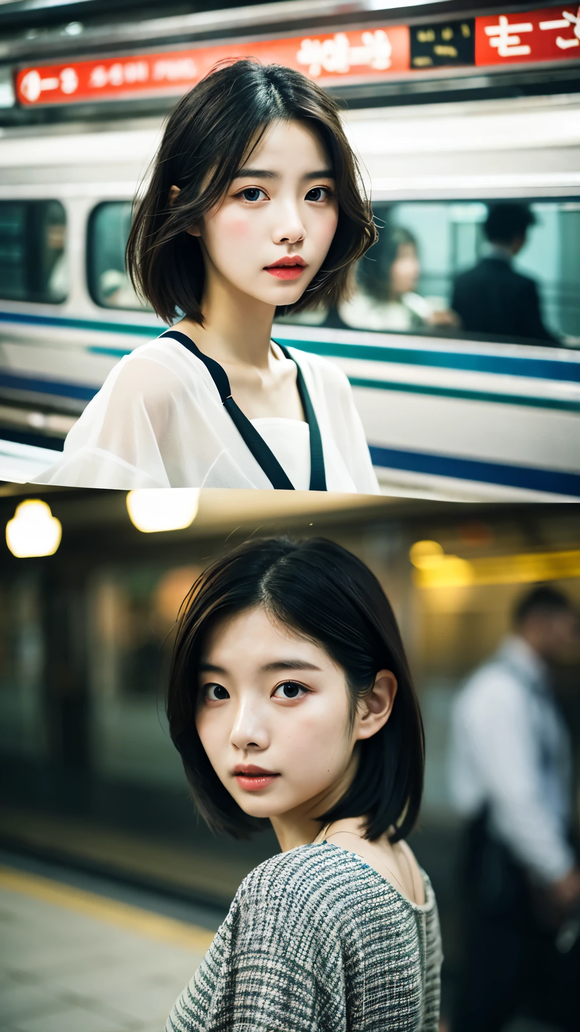 Cinematic Photo of a beautiful korean fashion model bokeh train