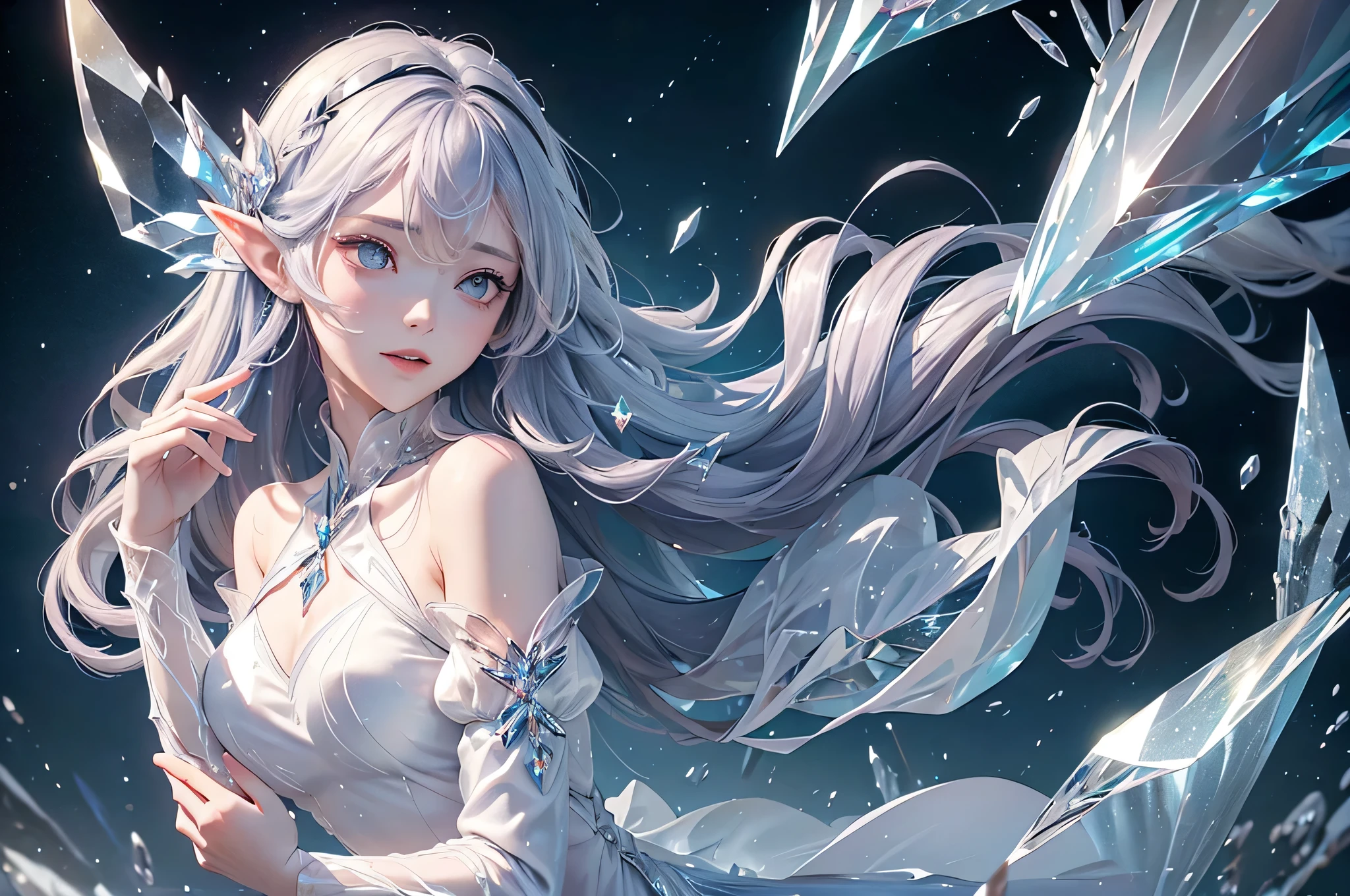 (masterpiece、Highest quality、Highest、Official Art、Beautiful and aesthetic、Long Exposure:1.2)、Smooth movement、Attractive patterns、One Girl、(Long dress with sleeves:1.3)、(((White clothes)))、Upper body close-up、Exposing shoulders、Korean Girls、smile、Light purple long hair、Portraiture、solo、Upper body、Looking at the observer、Detailed Background、Detailed face、(Crystallized AI、Crystal Theme:1.1)、Elemental Wind Elf、Rotating Wind、 Wind、White crystal clothes、Off the shoulder、Dynamic pose、Suspended particles、Aether Dynamics、Wind、vapor、背景にWind、White Tone、Wind、Ethereal atmosphere、medium breasts