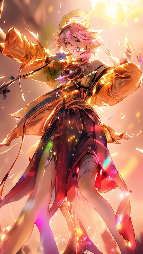 woman, cute, sexy, super Definition, Best Illustration, Cinematic Lighting, Dynamic Angle, Floating, Detail, Glitter, Shine, Shine, Classic, Best Quality, Masterpiece, anime Style, solo, Detailed Costumes, Magic Effects, Transparent Fabric, More Glitters, super Glow, Shine, Flicker, Dazzling, moon, shield, yellow, construct, beautiful, smiling, white pink and yellow green hair, holding a guitar, microphone, singing, concert theme,