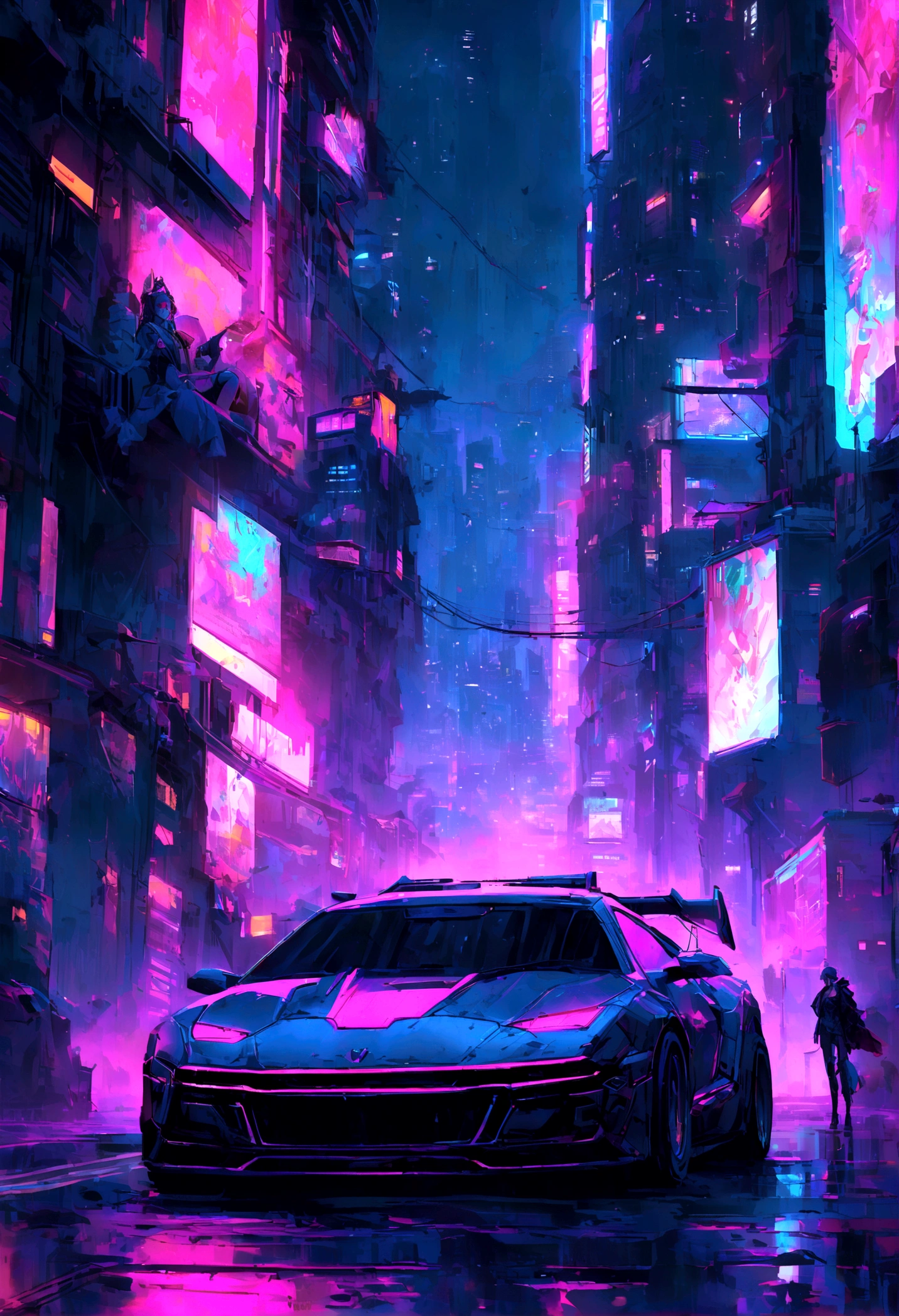 night、A car is driving on a city road, Cyberpunk Street, cyberpunk city street, Surreal Cyberpunk City, Cyberpunk Alley, Bustling Cyberpunk City, sci-fi cyberpunk city street, Surreal cyberpunk style, Cyberpunk in Cyberpunk City, Cyberpunk atmosphere, Cyberpunk Blade Runner Art, Cyberpunk Art Surreal 8K, Cyberpunk Streets at night, Dirty Cyberpunk City
