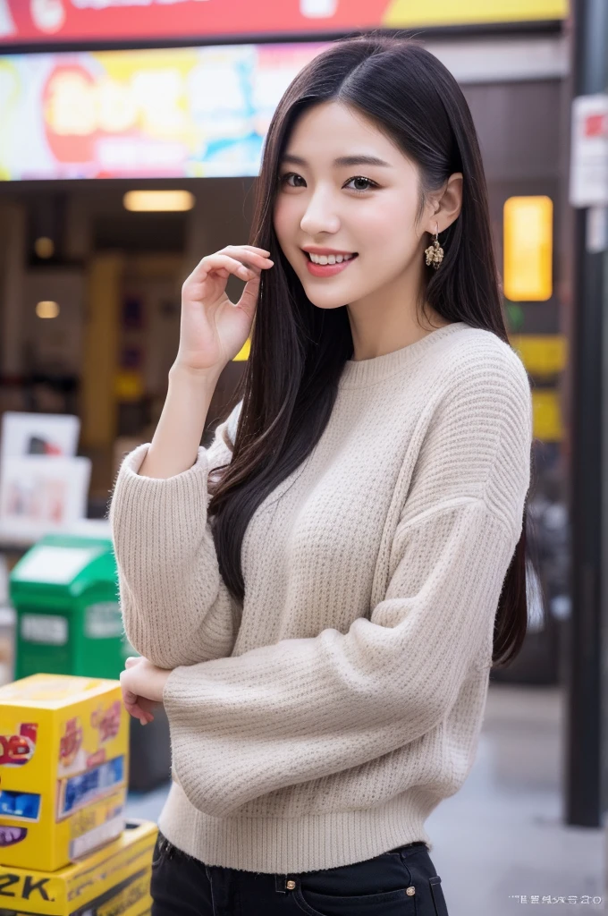 a beautiful 22-year-old girl, gray eyes, pale white skin, slim figure, smiling, long black hair, fashionable outfit, (best quality,4k,8k,highres,masterpiece:1.2),ultra-detailed,(realistic,photorealistic,photo-realistic:1.37),HDR,UHD,studio lighting,ultra-fine painting,sharp focus,physically-based rendering,extreme detail description,professional,vivid colors,bokeh,convenience store,interior setting,real-life photography