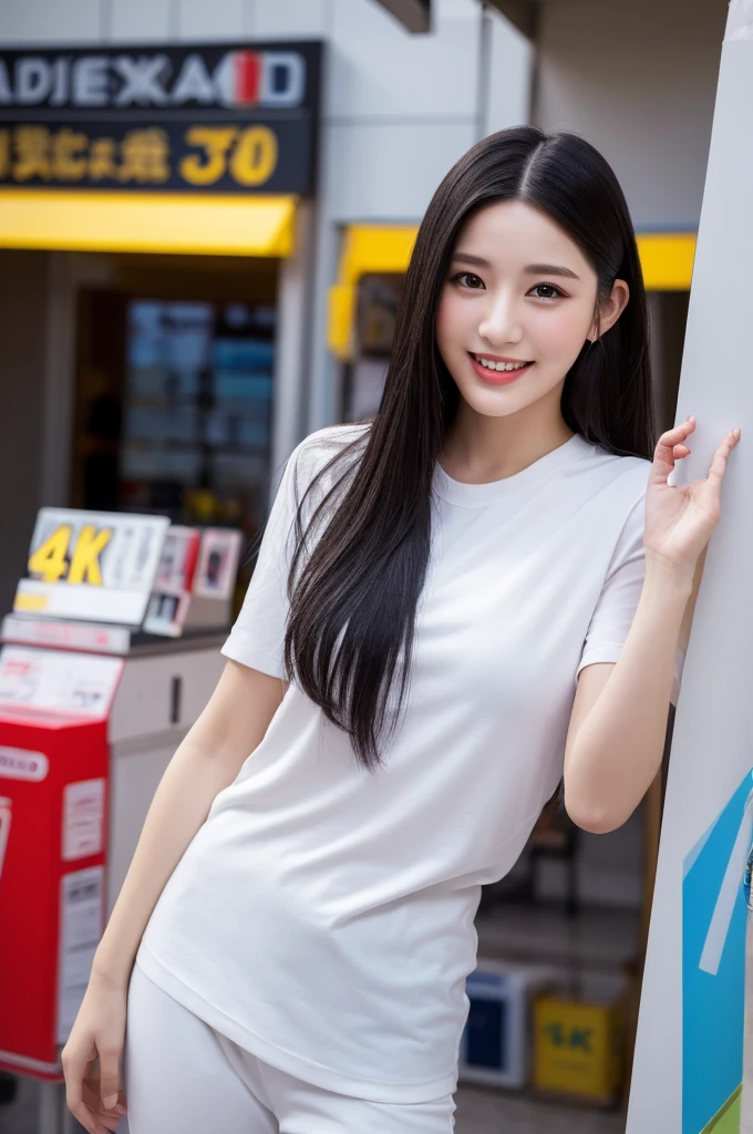 a beautiful 22-year-old girl, gray eyes, pale white skin, slim figure, smiling, long black hair, fashionable outfit, (best quality,4k,8k,highres,masterpiece:1.2),ultra-detailed,(realistic,photorealistic,photo-realistic:1.37),HDR,UHD,studio lighting,ultra-fine painting,sharp focus,physically-based rendering,extreme detail description,professional,vivid colors,bokeh,convenience store,interior setting,real-life photography