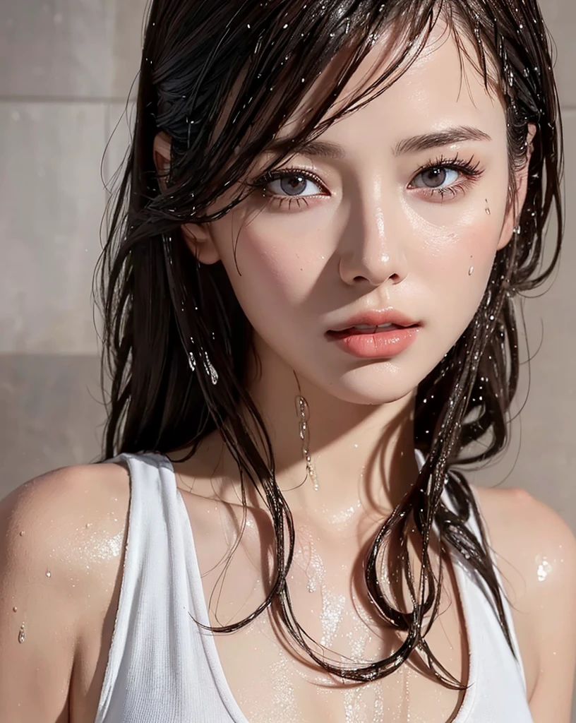 (Best quality, 4k, Masterpiece :1.3), pretty woman, 1girl, sexy :1.1, dark brown hair: 1.1, (shower wet, wet from shower, wet body :1.2), white tank tops, ultra-detailed face, detailed lips, detailed eyes, double eyelid