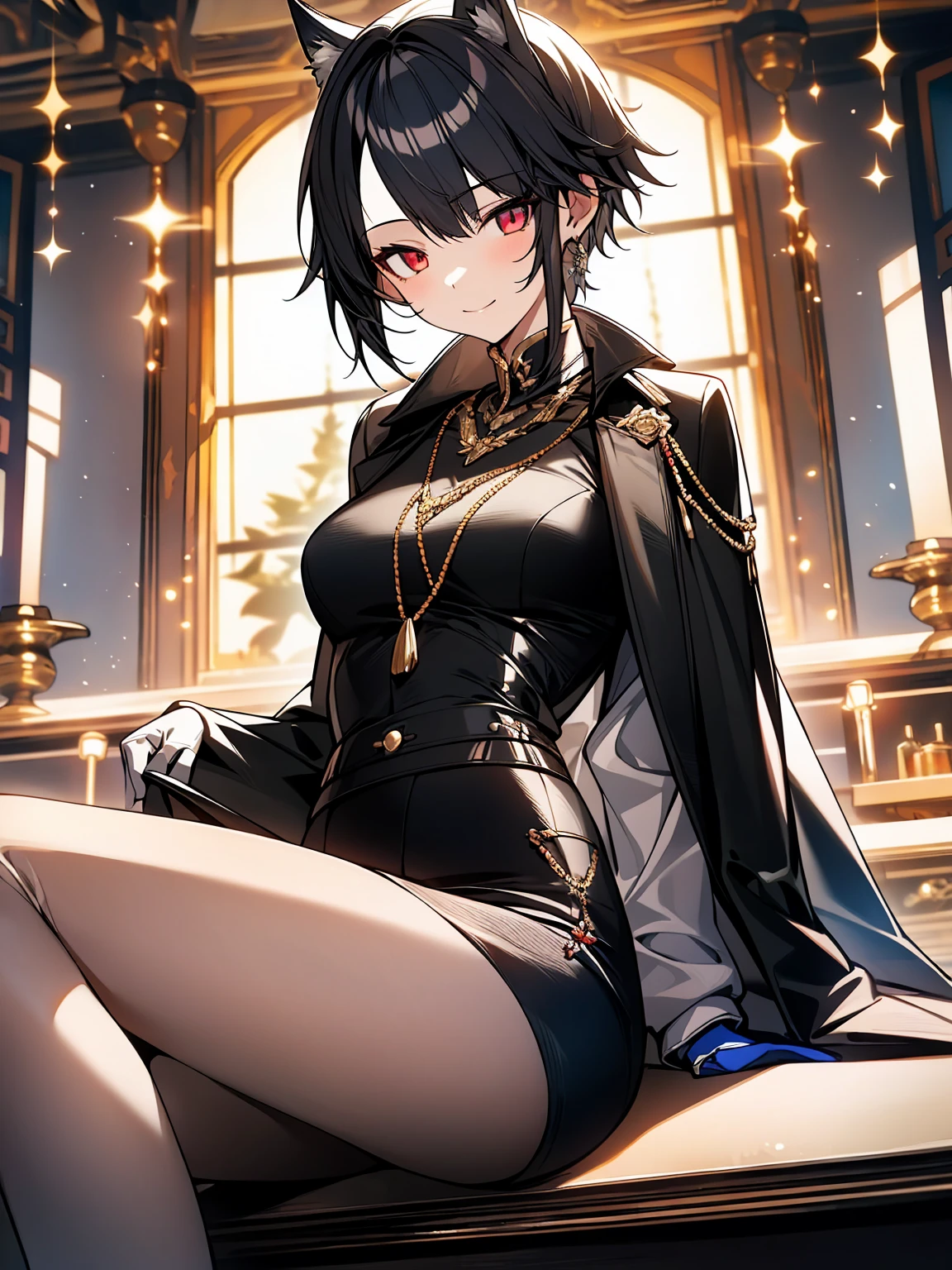 (masterpiece, highest quality, highest quality, (No text), Beautiful and aesthetic:1.2),No text,anime、 BREAK,One Girl，Short black hair　Beautiful eyes　Red eyes　cool　smile　cute　Black jacket　mini skirt　whole body　night