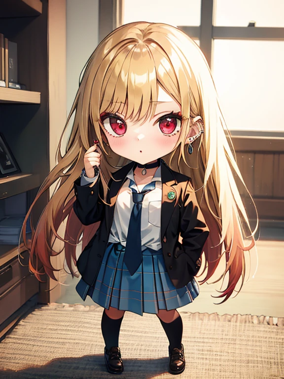 (chibi), full body, (masterpiece), highest quality, kitagawa marin, 1girl, blonde hair, long hair, multicolored hair, red eyes, jewelry, earrings, piercing, , white shirt, tied shirt, black choker, blue necktie, plaid skirt