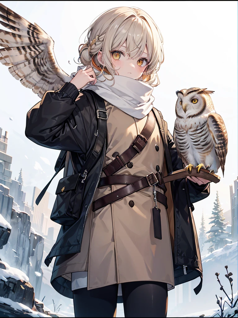 Biological Age : 21
Mental Age : 23
Age Appearance : 20
Gender : Male
Natural Hair Color : Gradient of Golden Buff base (Barn Owl inspiration), Mottled Gray-Brown middle (Great Horned Owl inspiration), Icy White fade (Snowy Owl inspiration). With Rusty Red Highlights (Eastern Screech Owl inspiration)
Current Hair Color : N/A (Original Hair Color)
Hair Style : Medium Half-up Messy Updo with Wispy Fringe
Eye Color : Golden Sun-touched Orange-Yellow Eyes
Zodiac : Cetus
Skin Tone : Pale Flawed Ivory Skin
Scars & Birthmarks : A bowline scar on his left forearm, multiple arrow feather cut scars on his left hand. Discolored right index finger and thumb.
Tattoos : 4 Small Dots under his right eye: The First one has a X on it, the Second is inside a diamond, the Third has 3 Horizontal Lines over I, The Fourth (and last) has the Japanese word “死” under it.
Voice claim : Paul Castro Jr. / Freminet From Genshin
Height : 5,11ft 2.3in (181.2 Cm)
Nationality : Half English Half British
Weight : 158 lbs (71.6676 kg)
Body : Average Lean Toned, Trapezoid Type, Casual Agile Body
Blood type : O-
Apparel Style : Outdoorsy Clothing, Hunter Winter Scarf / Hood with 3 Star Symbols at the End of the Scarf, Belstaff Waxed Cotton Jacket, Leather Bushcraft Backpack with quiver full of arrows, Hunter tool belt with foraging bag.
Species : Human
Background Scenery : Lush and wild Forest, Winter time, Snowing, daytime, Background inside thin White Border, Thin White Border around the Picture, The Character is outside the Outline
