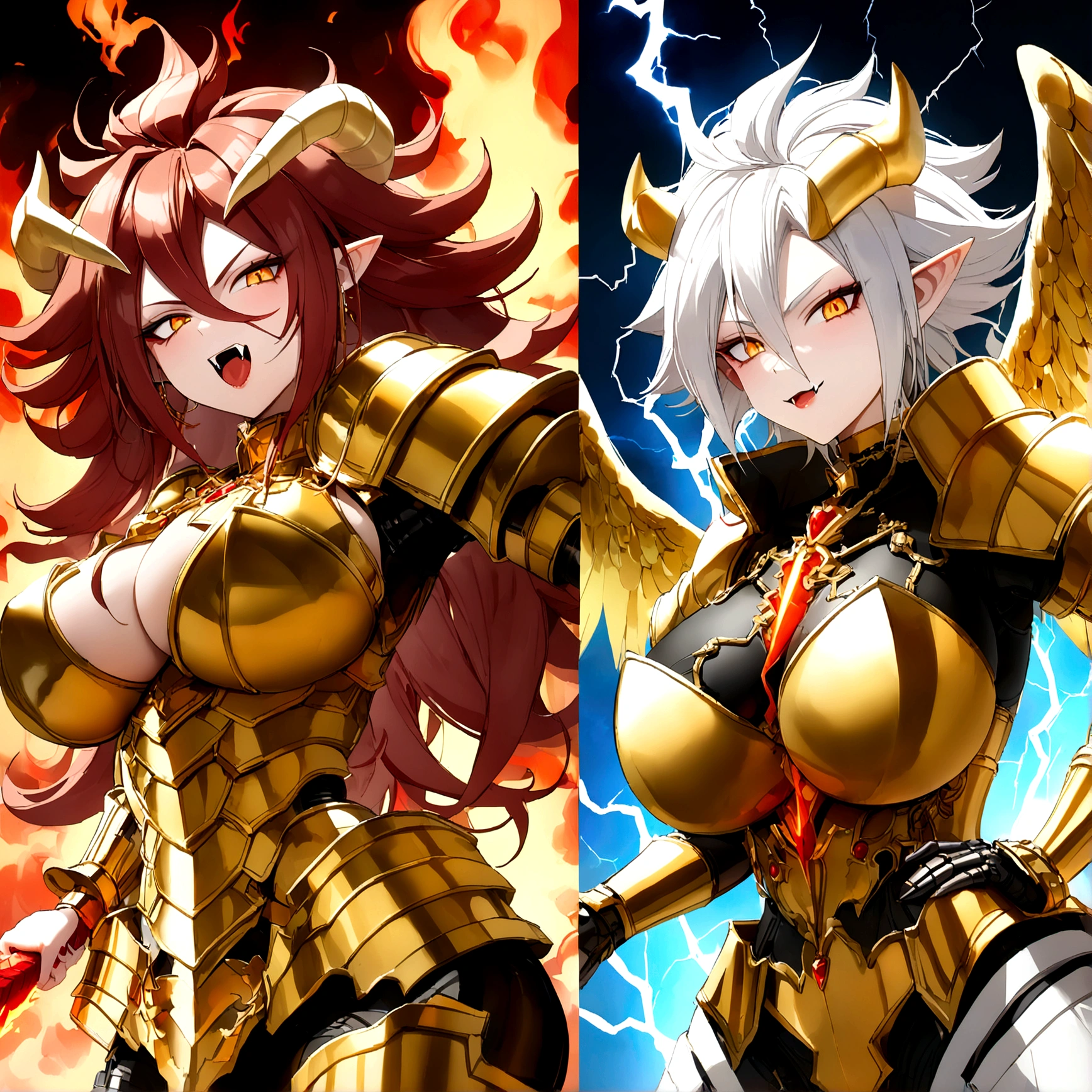 ((Lightning Power)), ((Electricity)), ((Fire Background)), ((Lightning Storm)), ((Power Erupting)),((((android 21 Evil)))), (((white Coat))), (((Busty))), (((((Big breast:1,3)))), luxury bustier corset, (((silver hair))), (((Very slim waist))), propotional body, ((Gorgeous)), (((gold wings))), masterpiece, hyperdetail, ambient effect, digital effect, (((Vampire Fangs))), (((FIRE SWORD)), (((Lightning Sword))), (((Fire Gold Armor))), (((Lightning Gold Wings))), (((Fire Blazing Horns)))