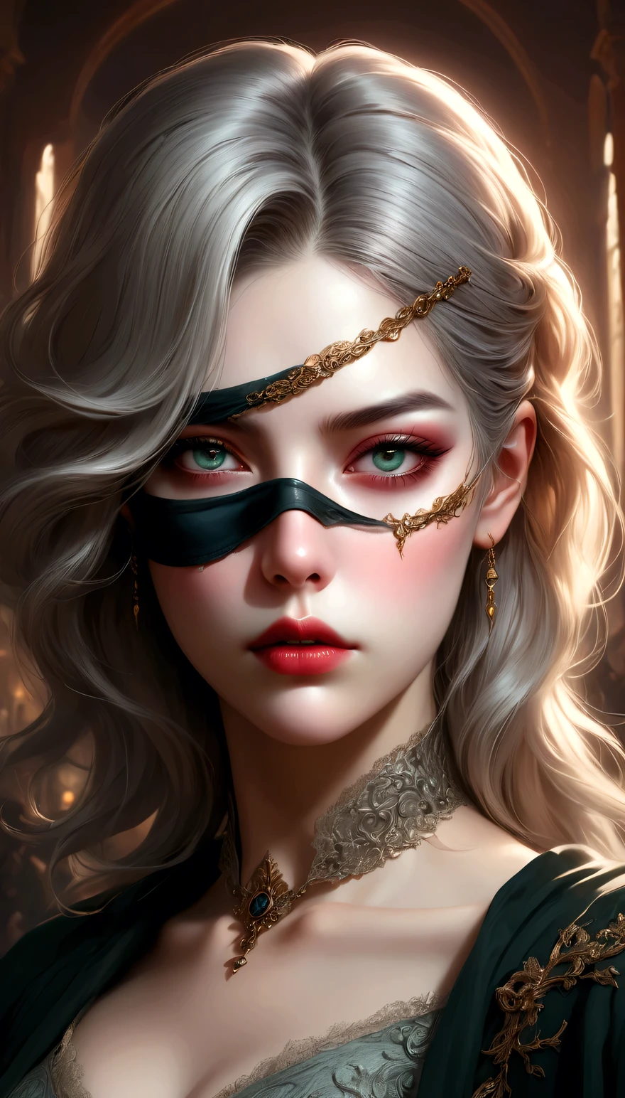 A woman with an eye patch, beautiful detailed eyes, beautiful detailed lips, extremely detailed face, longeyelashes, elegant expression, thoughtful pose, cinematic lighting, dramatic shadows, surreal atmosphere, fantasy art, muted color palette, digital painting