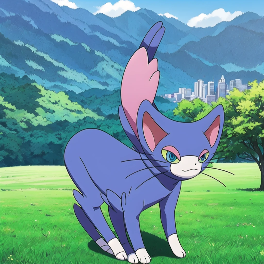 (masterpiece, best quality:1.2),solo,glameow \(pokemon\),pokemon \(creature\),full body,no humans,cat,blue eyes,tail,city background
