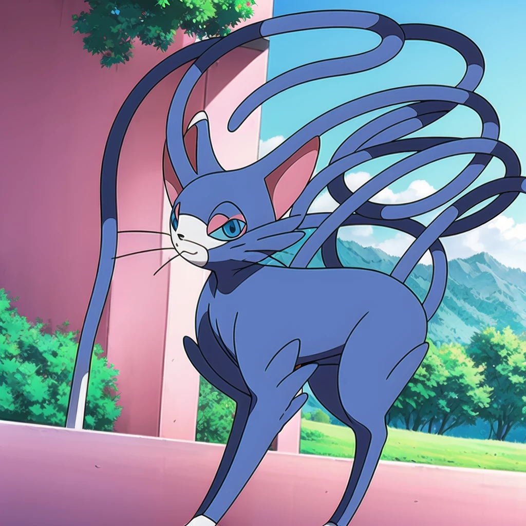 (masterpiece, best quality:1.2),solo,glameow \(pokemon\),pokemon \(creature\),full body,no humans,cat,blue eyes,tail,city background