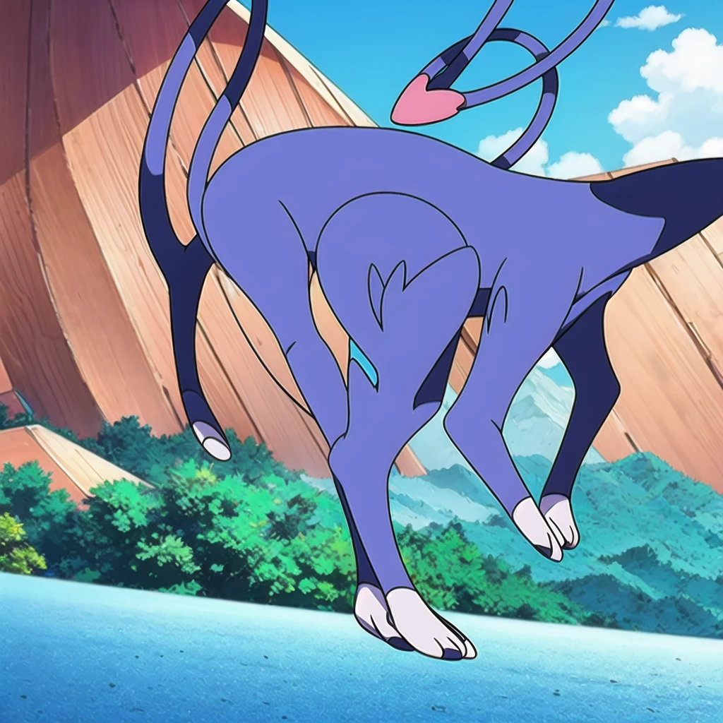(masterpiece, best quality:1.2),solo,glameow \(pokemon\),pokemon \(creature\),full body,no humans,cat,blue eyes,tail,city background