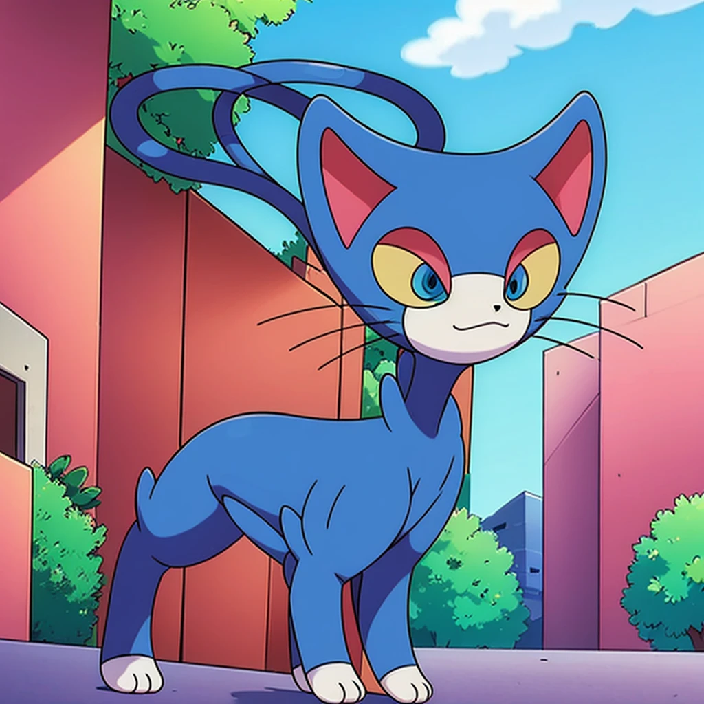 (masterpiece, best quality:1.2),solo,glameow \(pokemon\),pokemon \(creature\),full body,no humans,cat,blue eyes,tail,city background