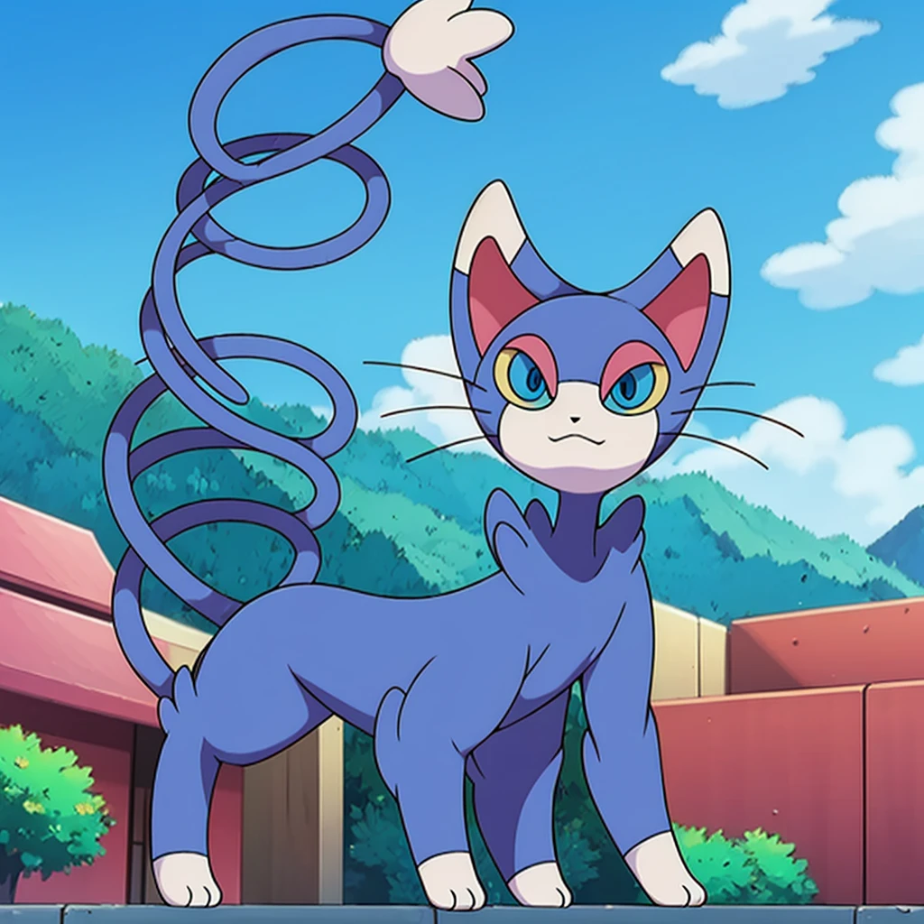 (masterpiece, best quality:1.2),solo,glameow \(pokemon\),pokemon \(creature\),full body,no humans,cat,blue eyes,tail,city background