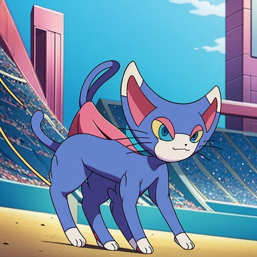 (masterpiece, best quality:1.2),solo,glameow \(pokemon\),pokemon \(creature\),full body,no humans,cat,blue eyes,tail,city background